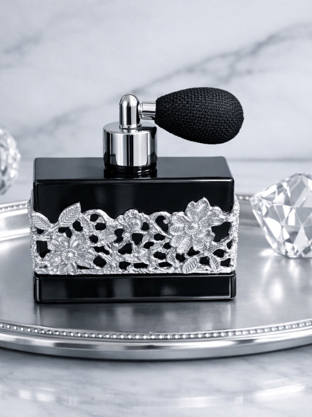 Art Deco Style Black Glass Perfume Atomizer, with ornate filigree  silver work.